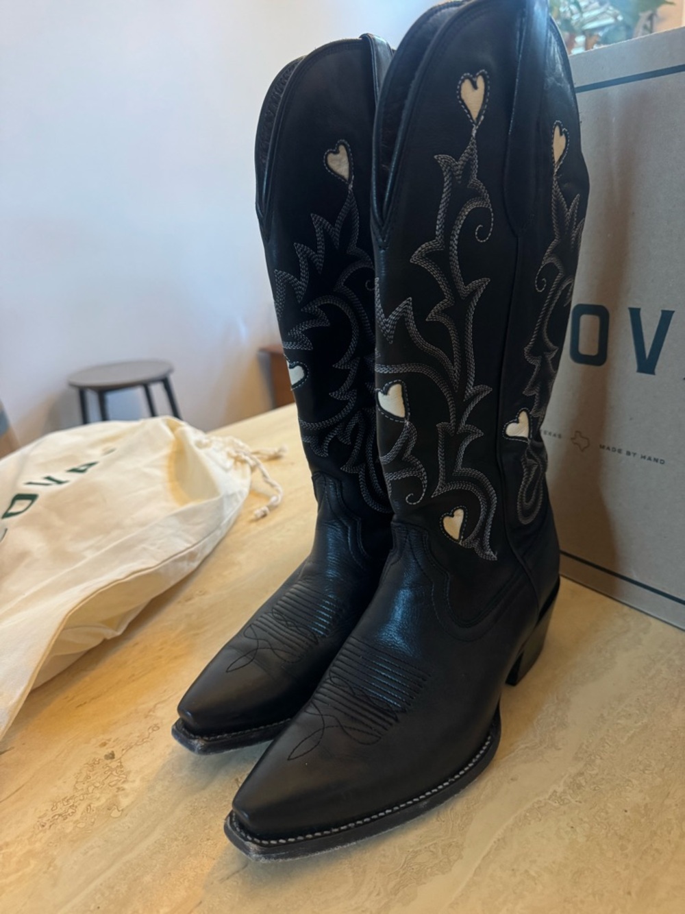 Tecovas Annie Hearts Black Leather Western Cowboy Boots with Heart Inlay- Size 7